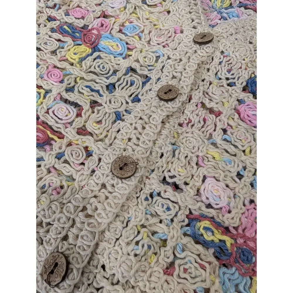 SHEIN Crochet Vest Small Boho Floral Cream Multi Color Button Up Crop Shrug Knit